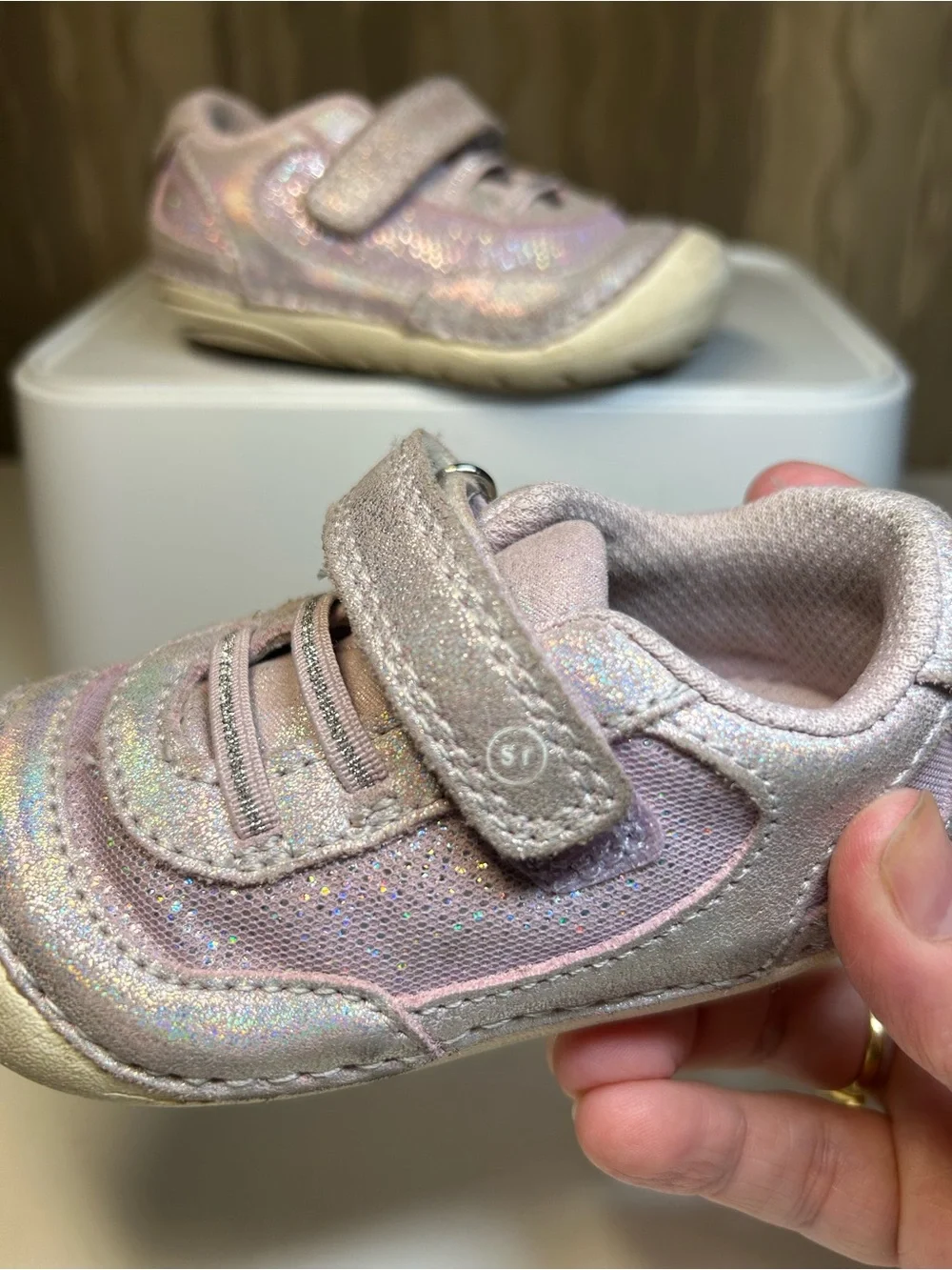 Stride Rite SM Jazzy Baby Girl’s 5M Pink Silver Sparkle Velcro Sneakers
